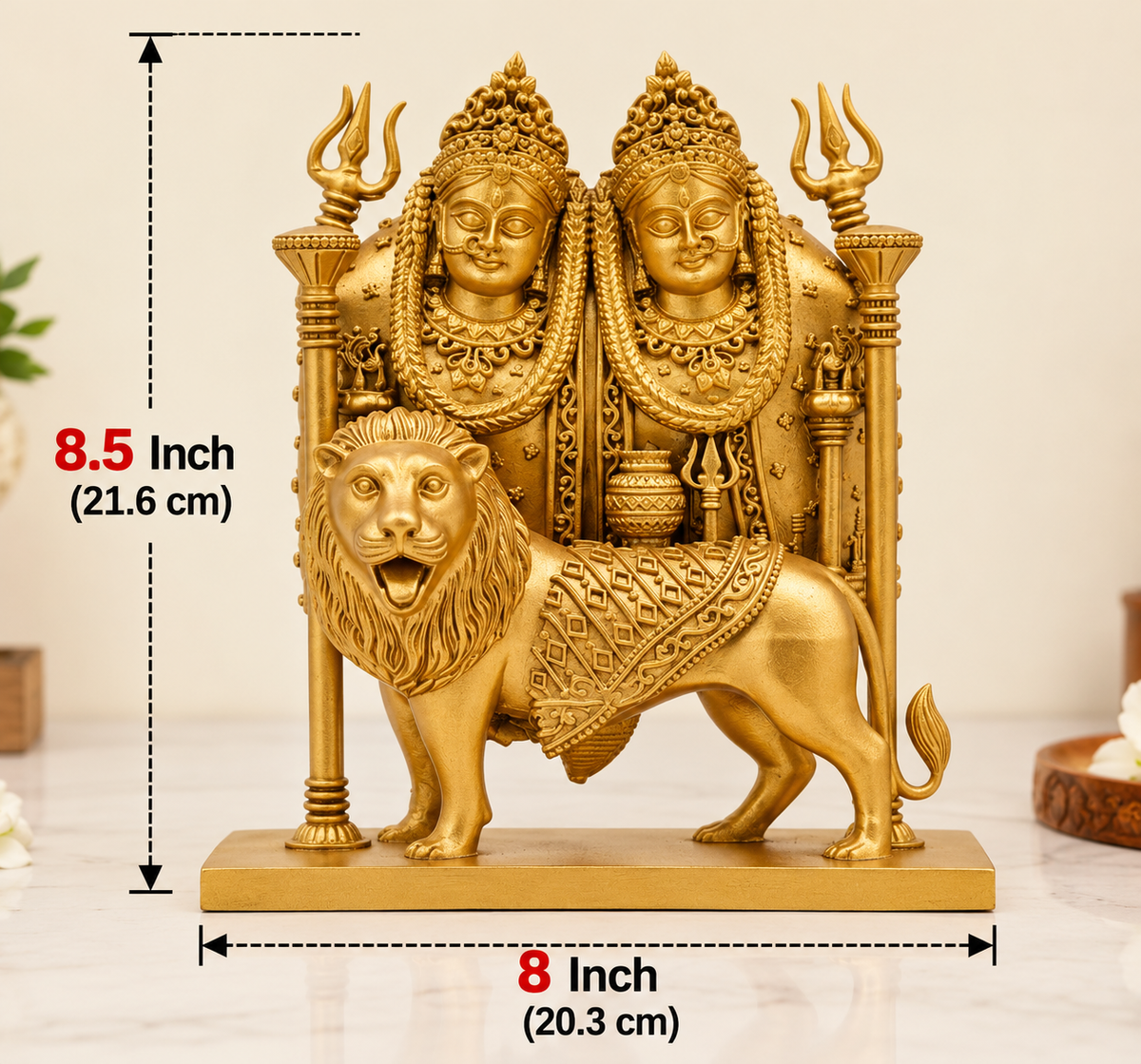 Chamunda Maa Golden Statue with Lion – Traditional Hindu Religious Idol for Home Temple & Pooja Room