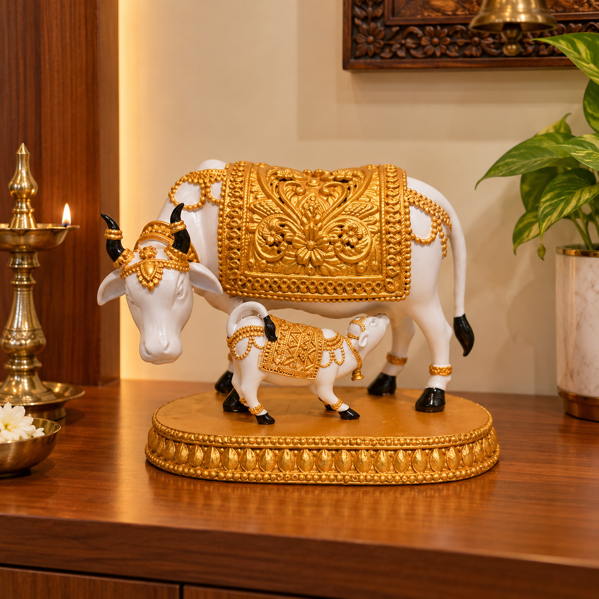 Kamdhenu Cow White and Gold Idol for Home Decor | Decorative Kamdhenu Cow Statue | 7 Inch