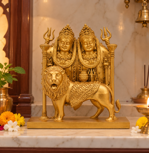 Chamunda Maa Golden Statue with Lion – Traditional Hindu Religious Idol for Home Temple & Pooja Room