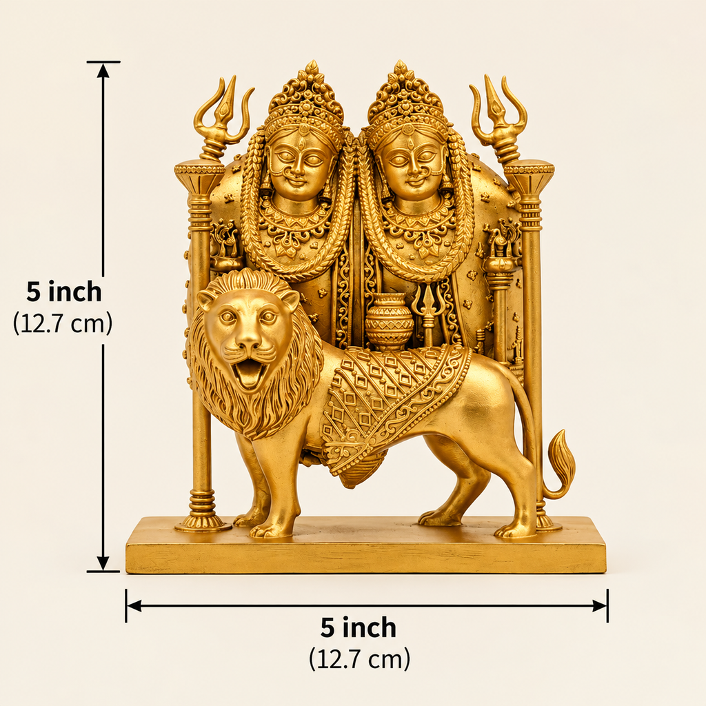 Chamunda Mataji Golden Idol with Lion – Decorative Hindu God Statue| 5 Inch