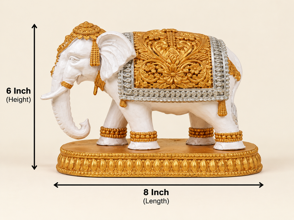 Royal White Elephant Statue with Gold Detailing – 6 Inch Height, 8 Inch Length | Luxury Home Decor Showpiece