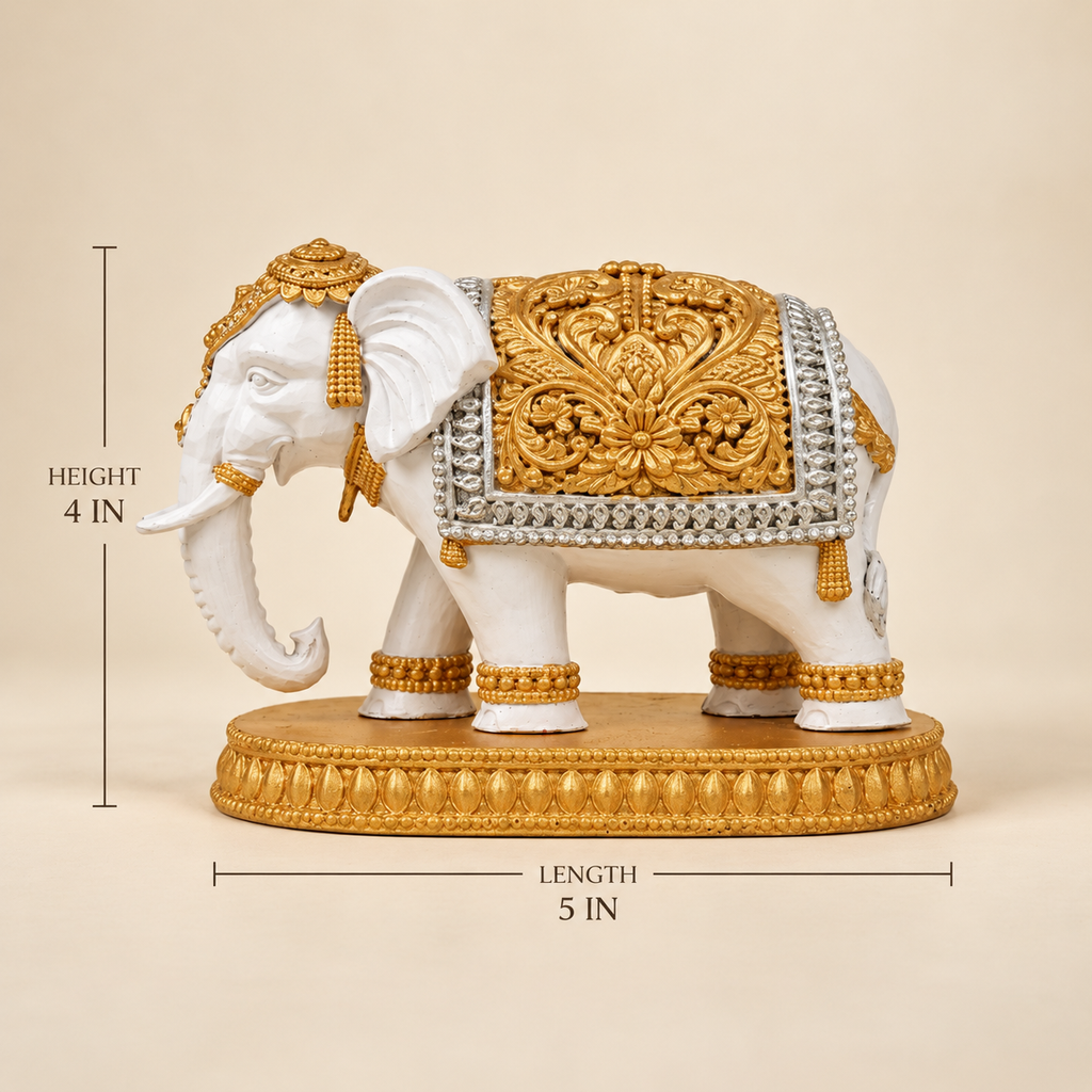 Royal White Elephant Statue with Gold Detailing – 4 Inch Height, 5 Inch Length | Luxury Home Decor Showpiece