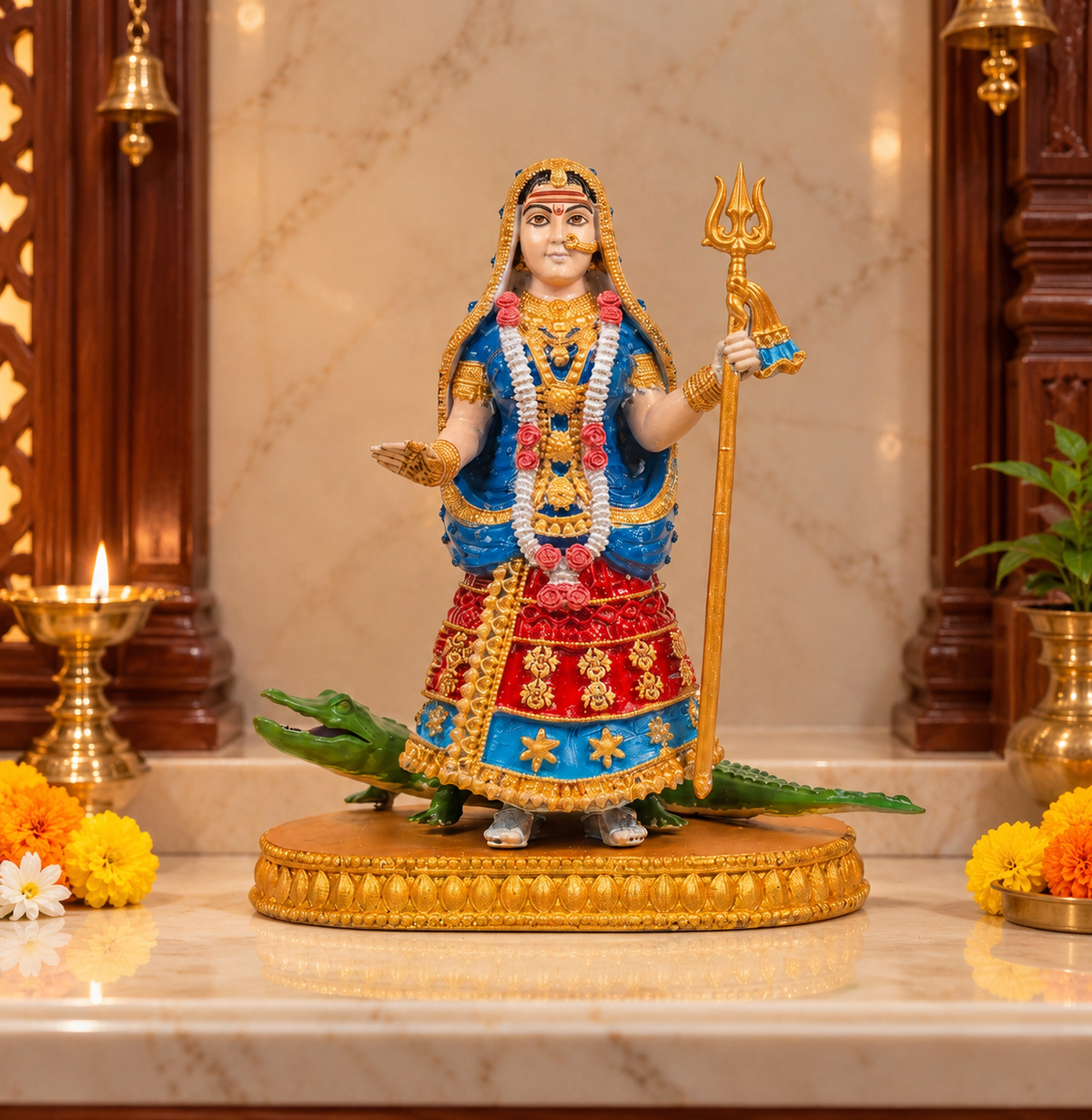 Khodiyar Maa Statue with Crocodile | Decorative Hindu Goddess Idol | 9 Inch