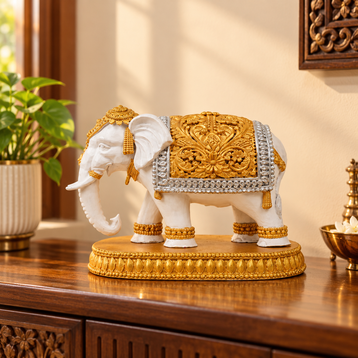 Royal White Elephant Statue with Gold Detailing – 6 Inch Height, 8 Inch Length | Luxury Home Decor Showpiece