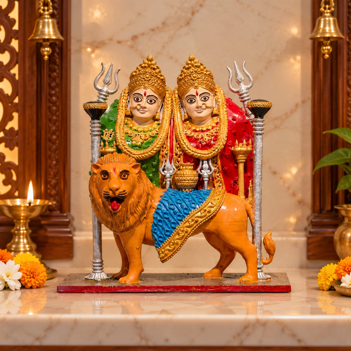 Chamunda Maa Statue with Lion – Hand-Painted Resin Hindu Goddess Idol, Traditional Religious Home Temple Decor, 9 Inch