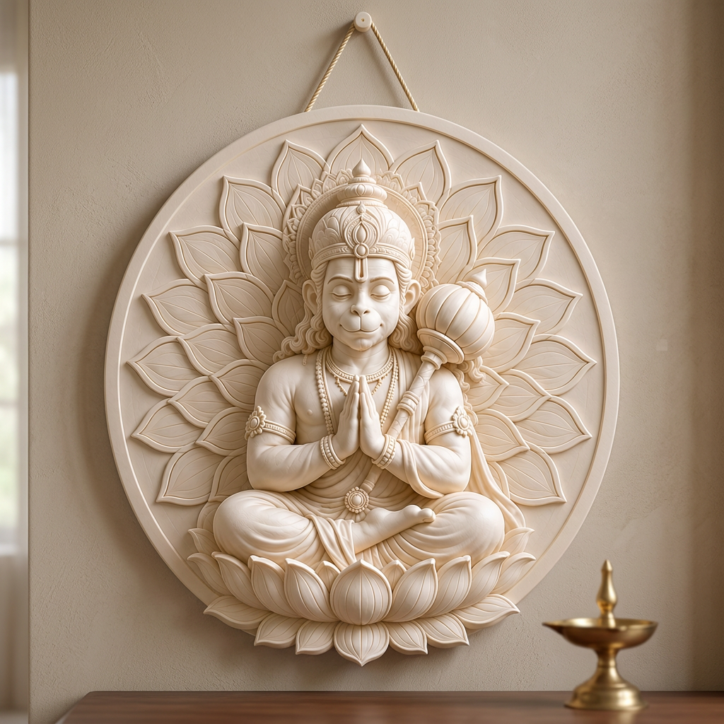 Hanuman wall hanging in a warm, elegant prayer-corner setting