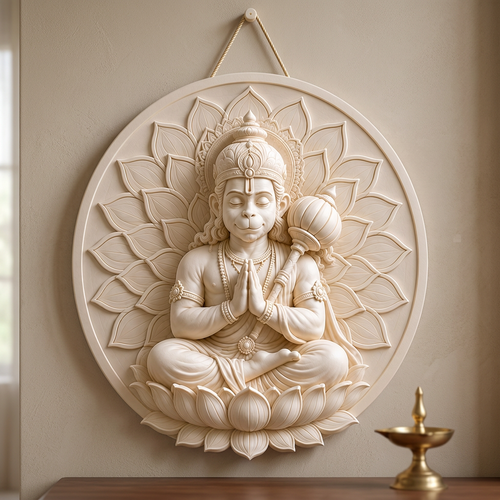 Hanuman wall hanging in a warm, elegant prayer-corner setting